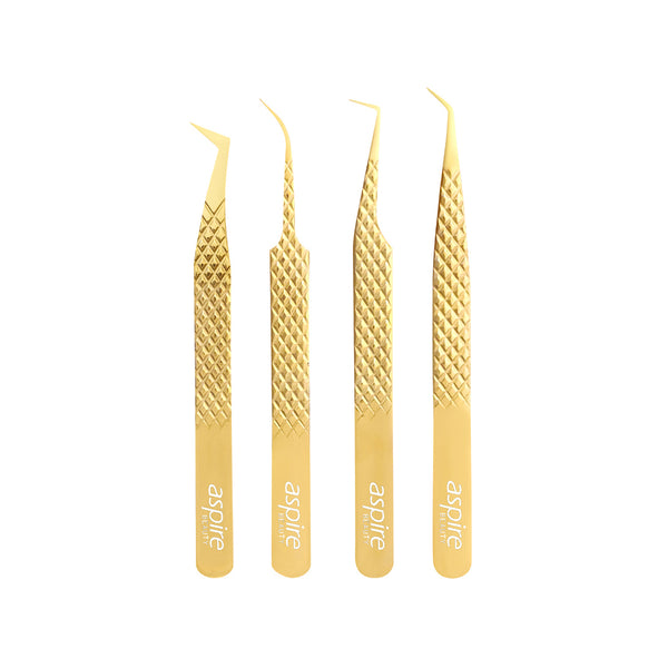 Professional Set Of 4 Diamond Grip with Fiber Tip Eyelash Extensions Tweezers Japanese Steel Lash Supply (Gold)