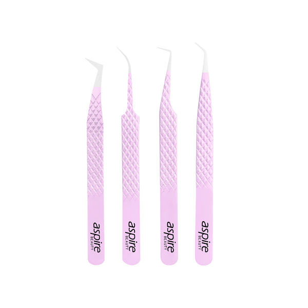 Professional Set Of 4 Diamond Grip with Fiber Tip Eyelash Extensions Tweezers Japanese Steel Lash Supply (Light Pink)