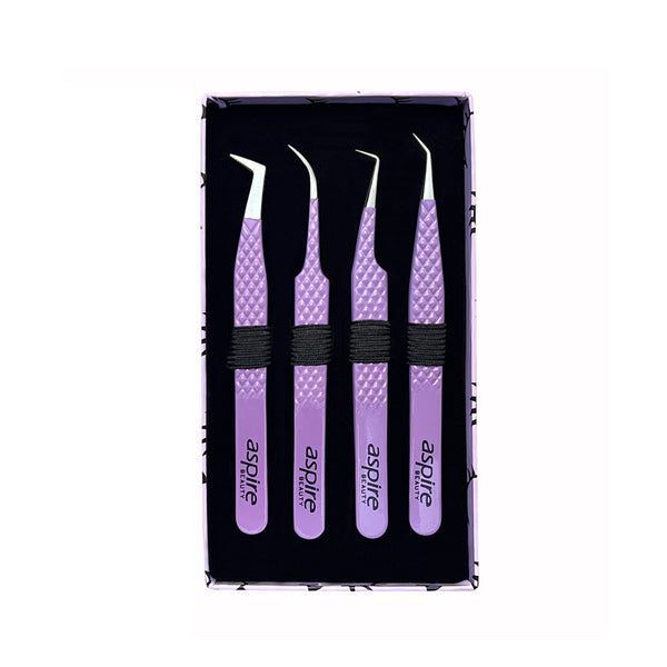 Professional Set Of 4 Diamond Grip with Fiber Tip Eyelash Extensions Tweezers Japanese Steel Lash Supply (Purple)