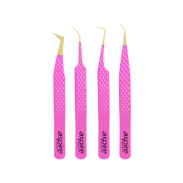 Professional Set Of 4 Diamond Grip with Fiber Tip Eyelash Extensions Tweezers Japanese Steel Lash Supply (Pink)