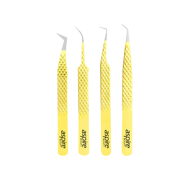 Professional Set Of 4 Diamond Grip with Fiber Tip Eyelash Extensions Tweezers Japanese Steel Lash Supply (Yellow)