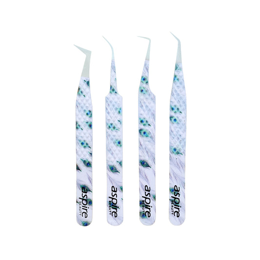 Professional Set Of 4 Diamond Grip with Fiber Tip Eyelash Extensions Tweezers Japanese Steel Lash Supply (Peacock)