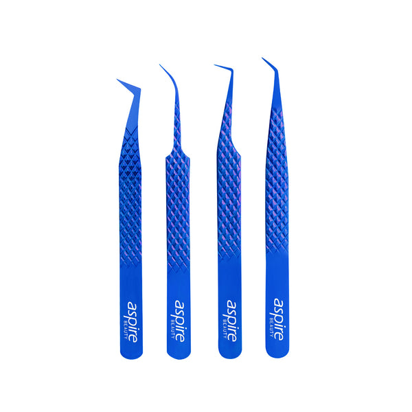 Professional Set Of 4 Diamond Grip with Fiber Tip Eyelash Extensions Tweezers Japanese Steel Lash Supply (Blue)