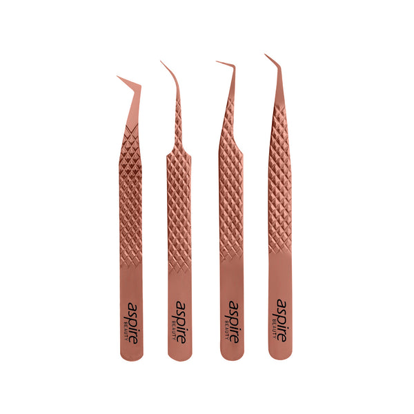 Professional Set Of 4 Diamond Grip with Fiber Tip Eyelash Extensions Tweezers Japanese Steel Lash Supply (Rose Gold)