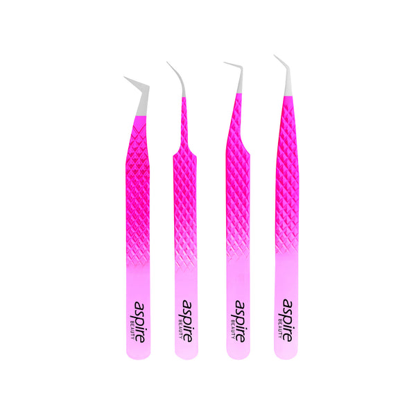 Professional Set Of 4 Diamond Grip with Fiber Tip Eyelash Extensions Tweezers Japanese Steel Lash Supply (PW-Ombreo)