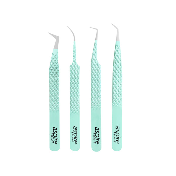 Professional Set Of 4 Diamond Grip with Fiber Tip Eyelash Extensions Tweezers Japanese Steel Lash Supply (Light Green)