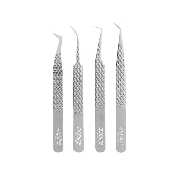 Professional Set Of 4 Diamond Grip with Fiber Tip Eyelash Extensions Tweezers Japanese Steel Lash Supply (Silver)