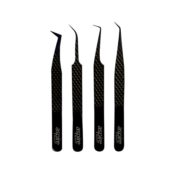 Professional Set Of 4 Diamond Grip with Fiber Tip Eyelash Extensions Tweezers Japanese Steel Lash Supply (Jet Black)