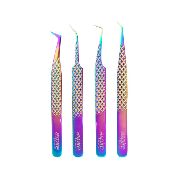 Professional Set Of 4 Diamond Grip with Fiber Tip Eyelash Extensions Tweezers Japanese Steel Lash Supply (Multi)