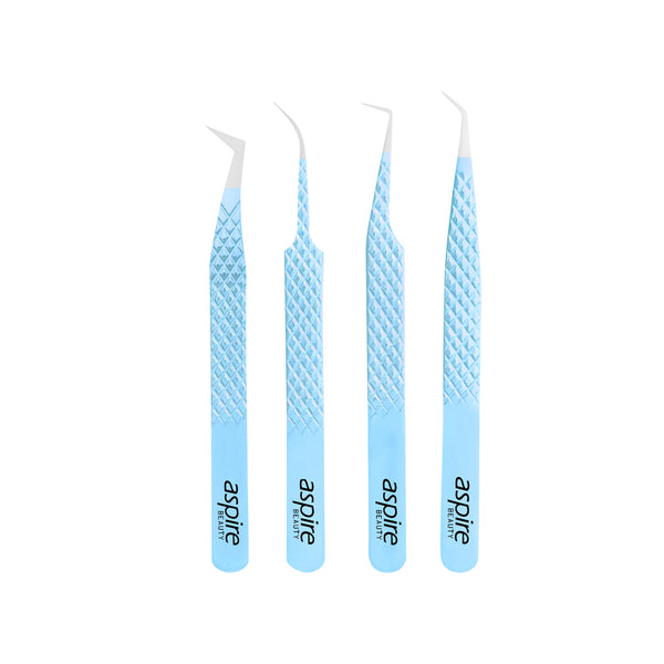 Professional Set Of 4 Diamond Grip with Fiber Tip Eyelash Extensions Tweezers Japanese Steel Lash Supply (Sky Blue)