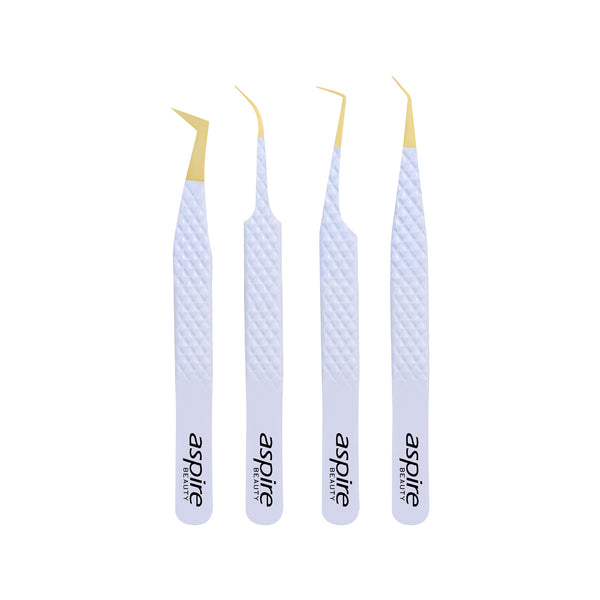 Professional Set Of 4 Diamond Grip with Fiber Tip Eyelash Extensions Tweezers Japanese Steel Lash Supply (White)