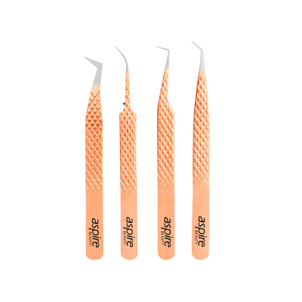 Professional Set Of 4 Diamond Grip with Fiber Tip Eyelash Extensions Tweezers Japanese Steel Lash Supply (Orange)