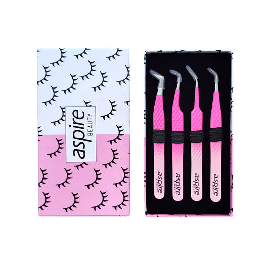 Professional Set Of 4 Diamond Grip with Fiber Tip Eyelash Extensions Tweezers Japanese Steel Lash Supply (PW-Ombreo)