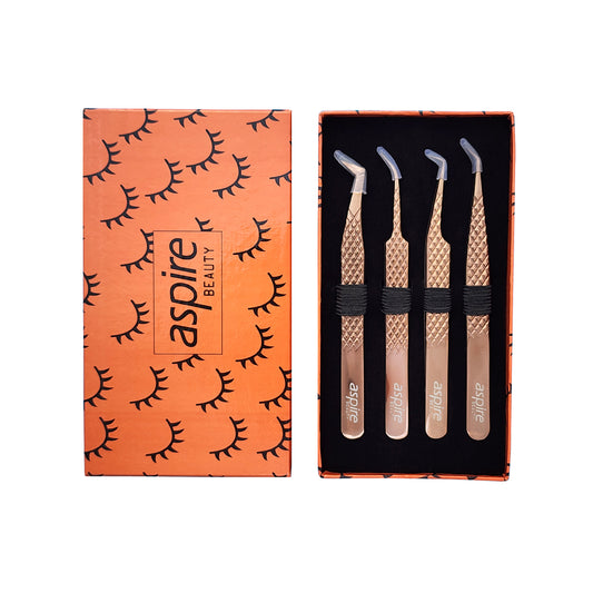 Professional Set Of 4 Diamond Grip with Fiber Tip Eyelash Extensions Tweezers Japanese Steel Lash Supply (Rose Gold)