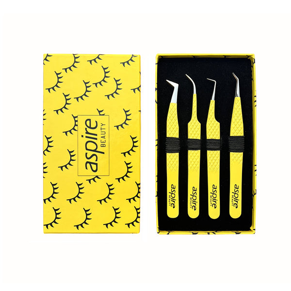 Professional Set Of 4 Diamond Grip with Fiber Tip Eyelash Extensions Tweezers Japanese Steel Lash Supply (Yellow)