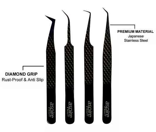 Professional Set Of 4 Diamond Grip with Fiber Tip Eyelash Extensions Tweezers Japanese Steel Lash Supply ( Jet Black )