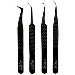 Professional Set Of 4 Diamond Grip with Fiber Tip Eyelash Extensions Tweezers Japanese Steel Lash Supply ( Jet Black )